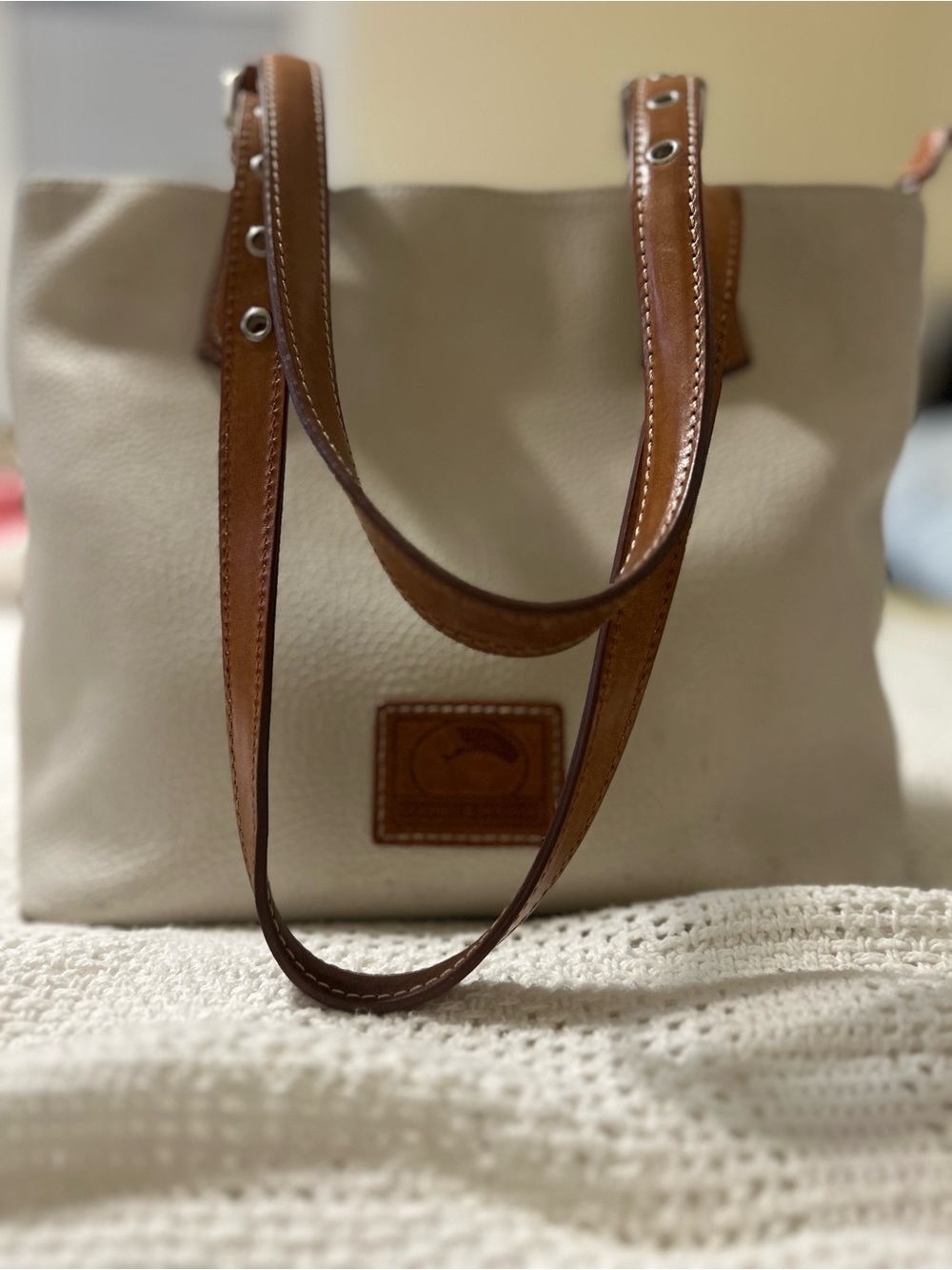 Dooney & Bourke Cream Canvas Tote with Brown Leather Straps